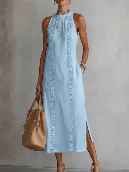 Women's Classy Simple Side Slit Sleeveless Linen Maxi Dress
