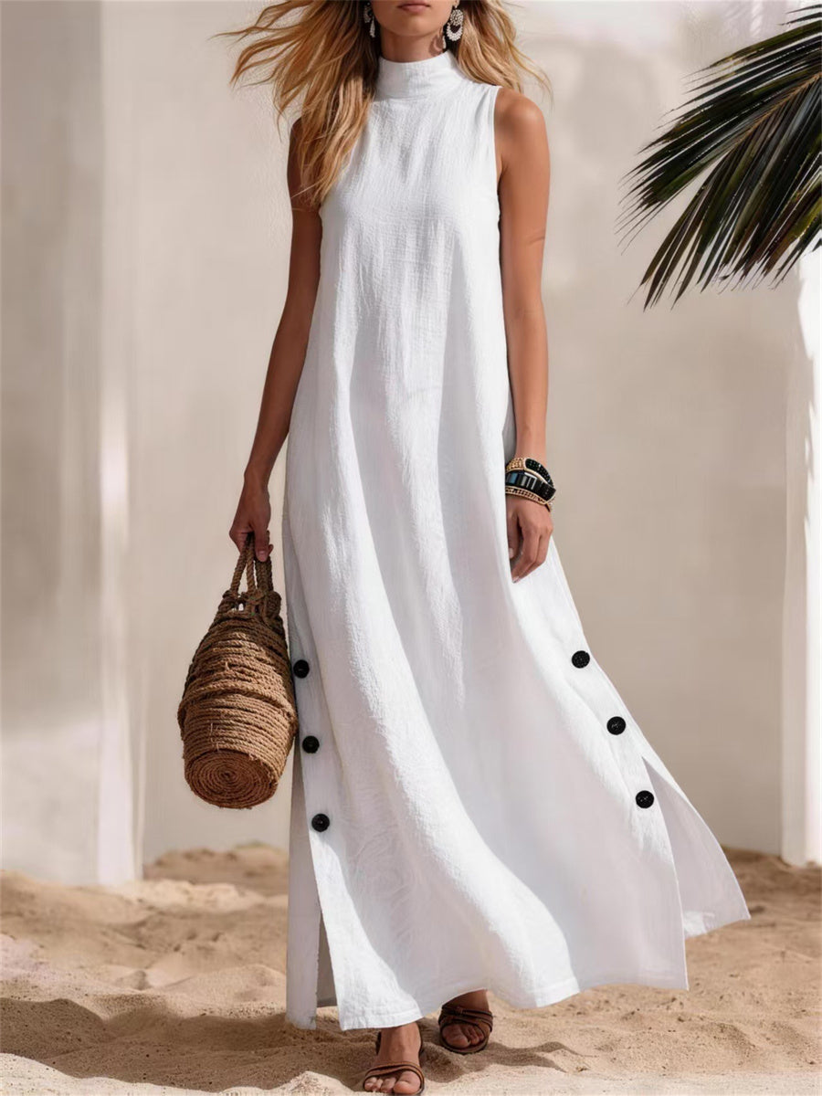 Women's Casual Mock Neck Button Down Side Slit Linen Maxi Dress