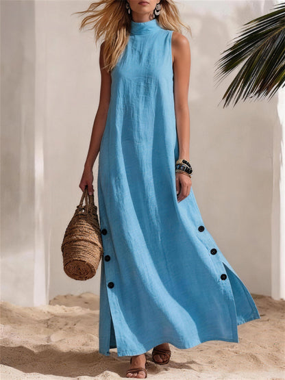 Women's Casual Mock Neck Button Down Side Slit Linen Maxi Dress