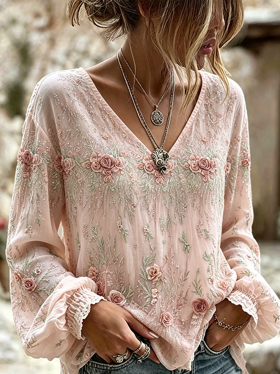 Women's Vintage Pink Roses Glitter Art Print Cotton-Linen Shirt