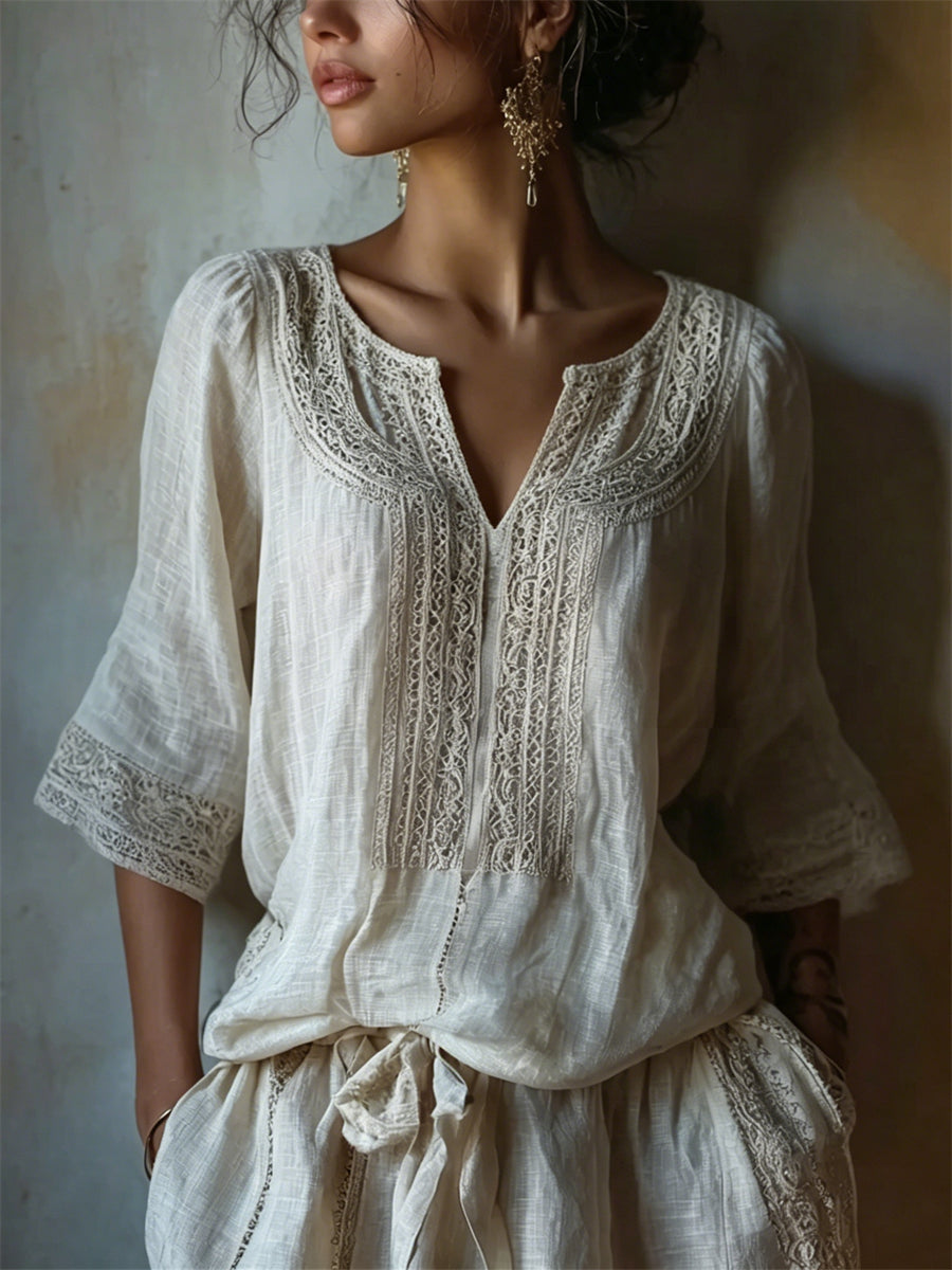 Women's Vintage Classy Lace Art Print Notch Neck Linen Tunic