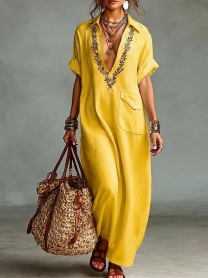 Women's Vintage Embroidered Flap Pocket Short Sleeve Linen Maxi Dress
