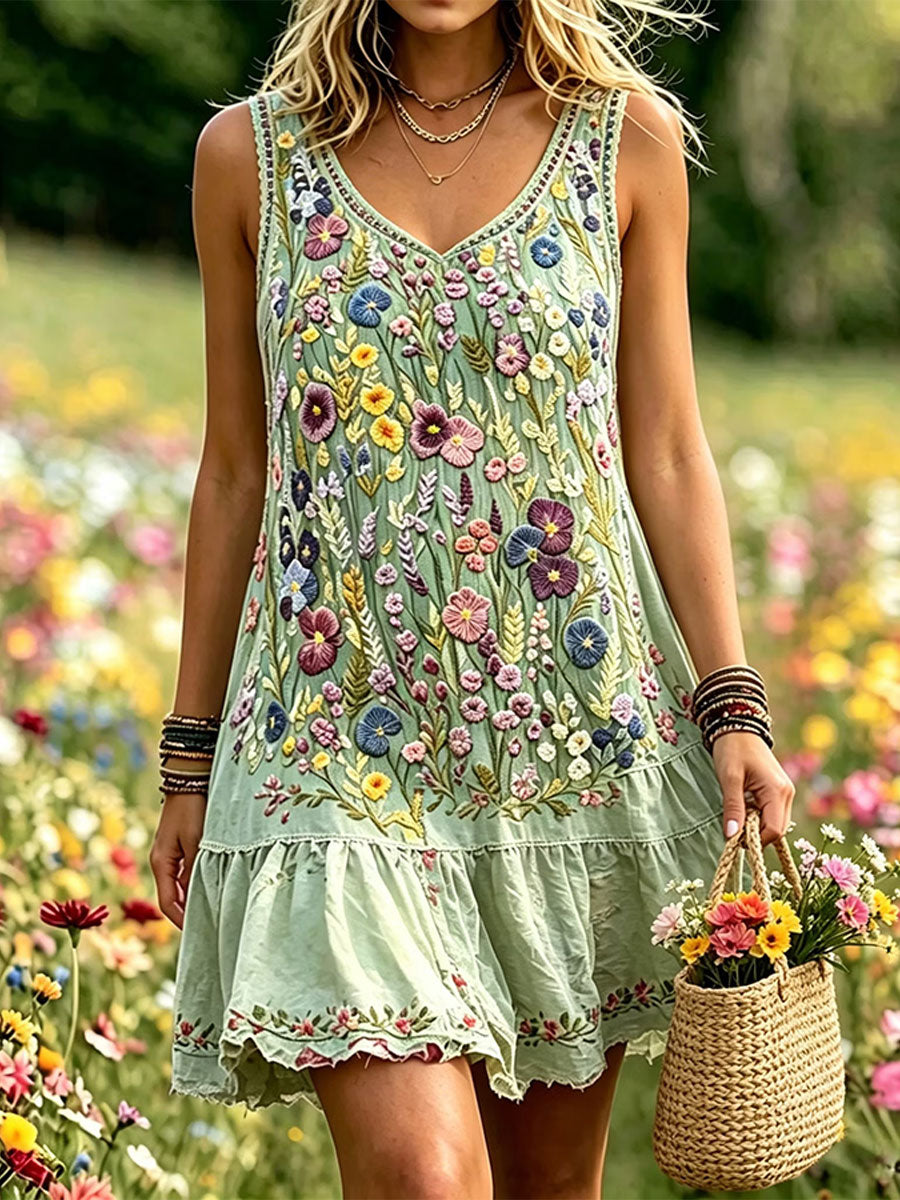 Women's Elegant Floral Cotton Linen Dress