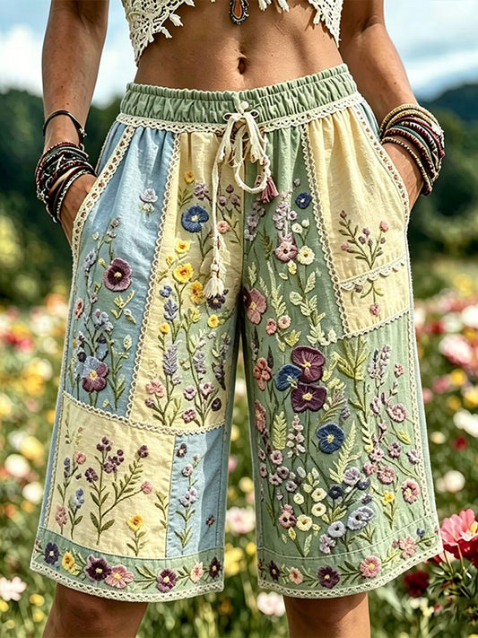 Women's Elegant Floral Cotton Linen Shorts