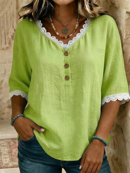 Women's Simple Lace Trim Button Up Casual linen Tunic