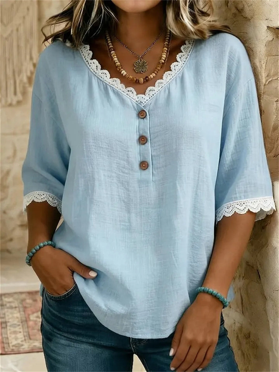 Women's Simple Lace Trim Button Up Casual linen Tunic