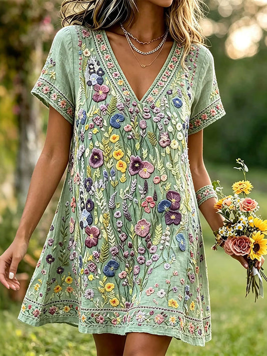 Women's Elegant Floral Cotton Linen Dress