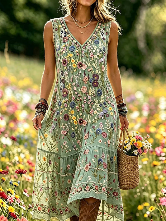 Women's Elegant Floral Cotton Linen Dress
