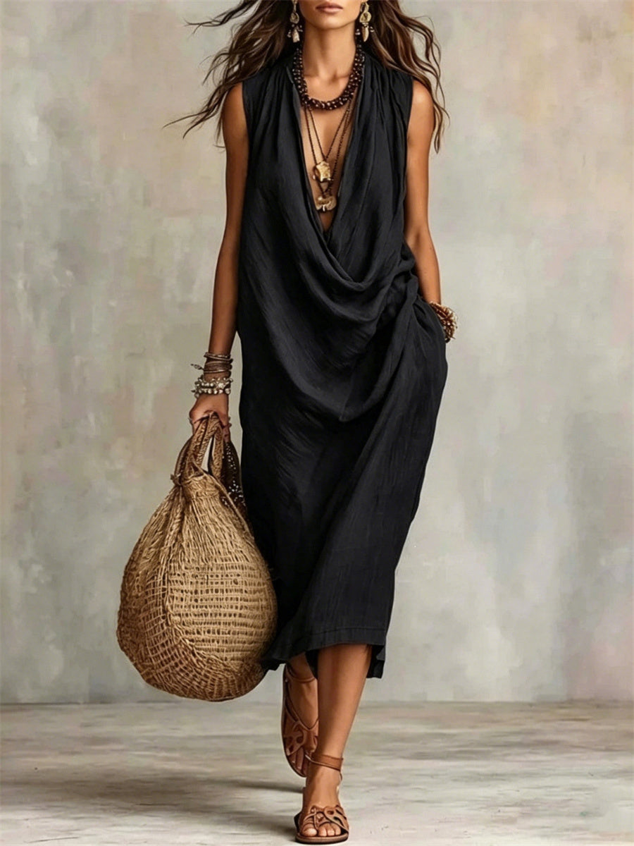 Women's Simple Cowl Neck Casual Comfy Midi Dress