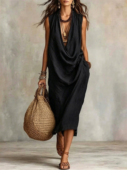 Women's Simple Cowl Neck Casual Comfy Midi Dress