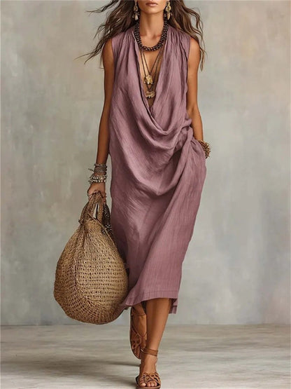 Women's Simple Cowl Neck Casual Comfy Midi Dress