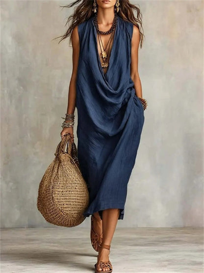 Women's Simple Cowl Neck Casual Comfy Midi Dress