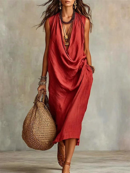 Women's Simple Cowl Neck Casual Comfy Midi Dress