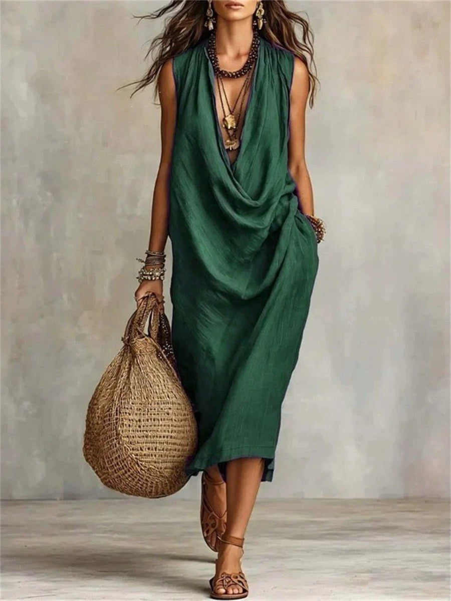 Women's Simple Cowl Neck Casual Comfy Midi Dress