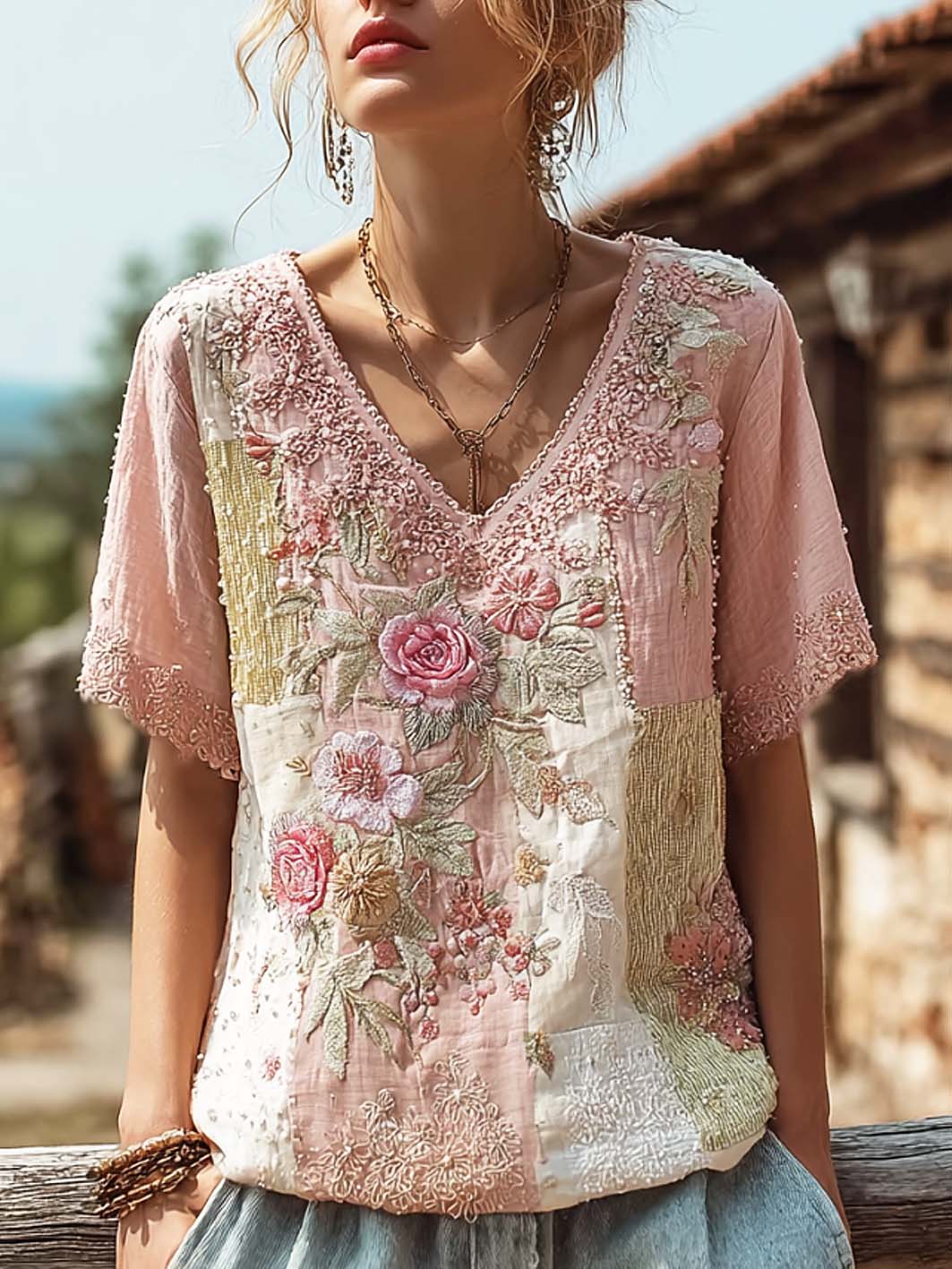 Women's retro pink floral pattern printed cotton and linen T-shirt