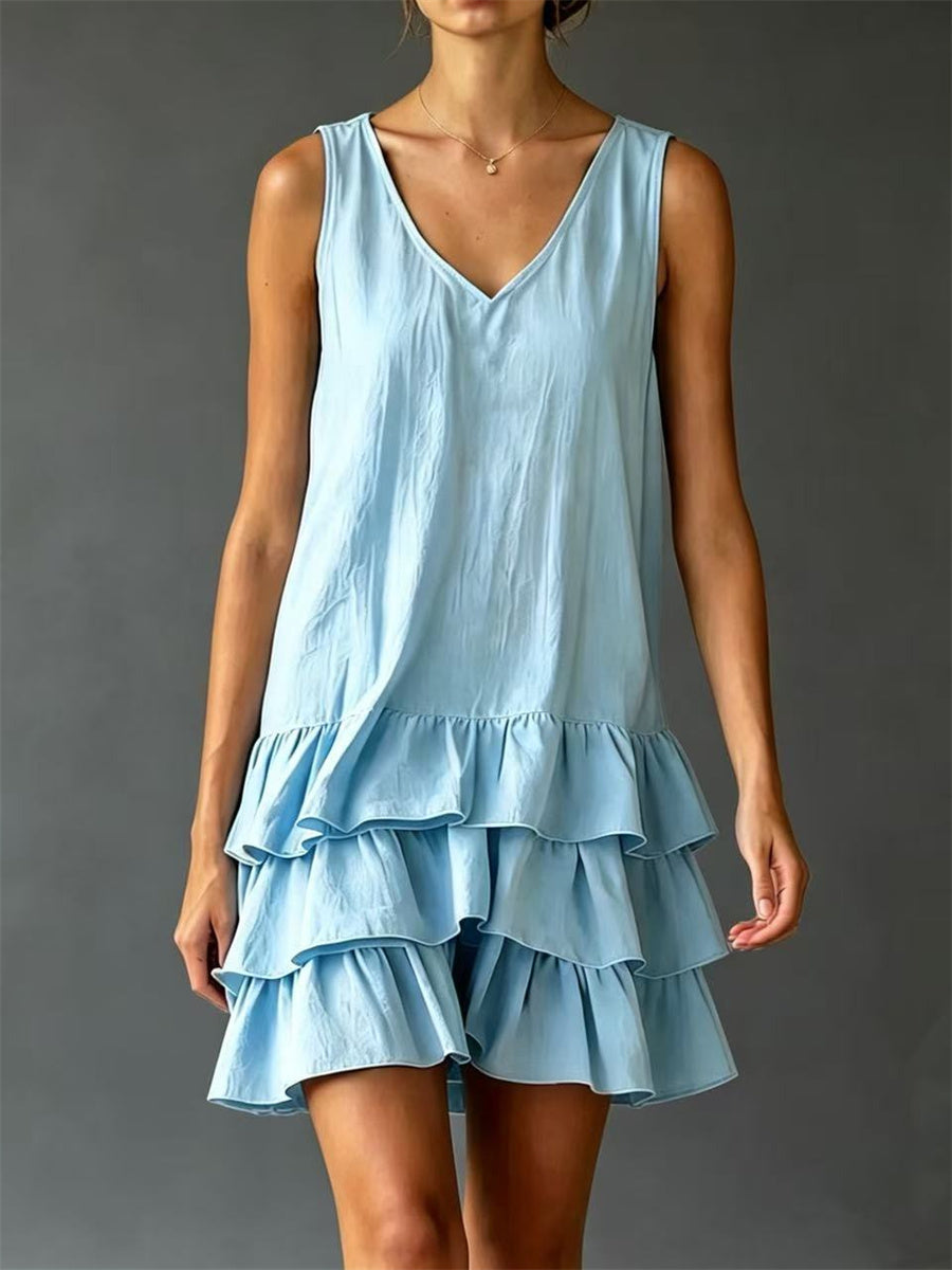 Women's Vintage Ruffle Tiered Bottom Sleeveless Mini Dress