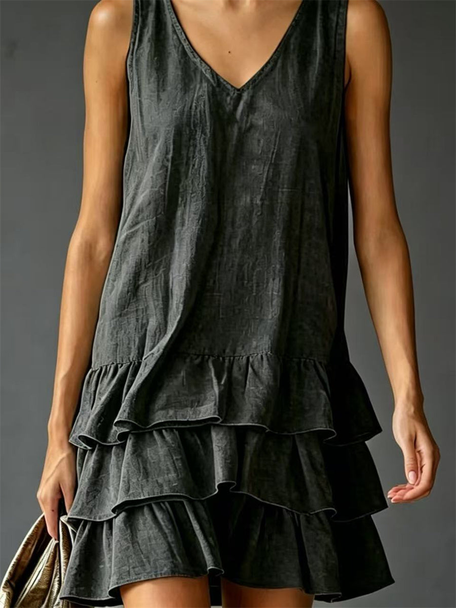 Women's Vintage Ruffle Tiered Bottom Sleeveless Mini Dress