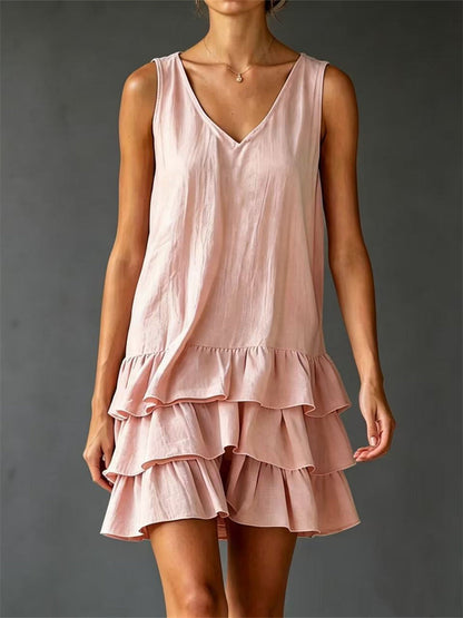 Women's Vintage Ruffle Tiered Bottom Sleeveless Mini Dress