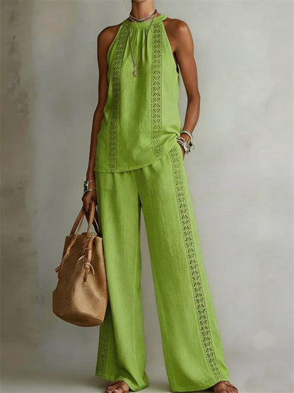 Women's Hollow Lace Sleeveless Top & Wide Leg Pants Casual Set