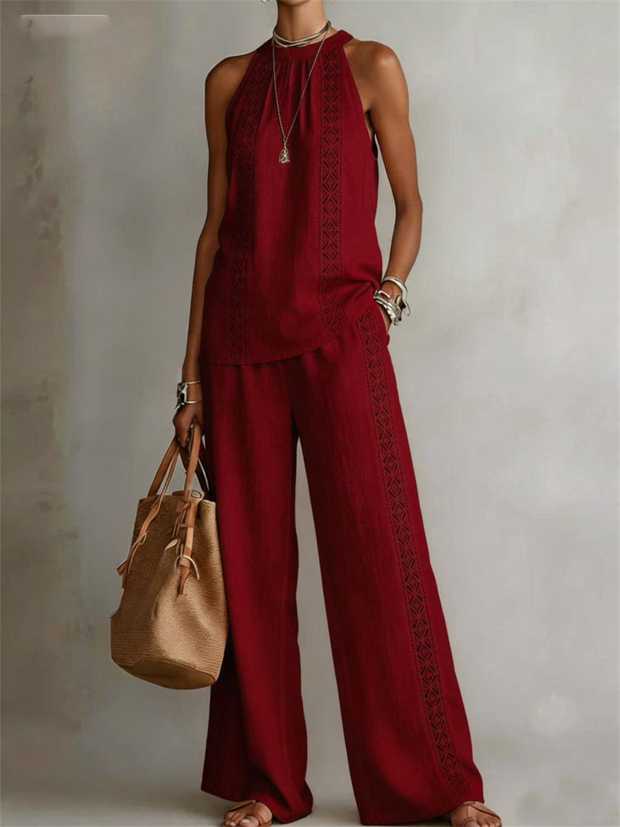 Women's Hollow Lace Sleeveless Top & Wide Leg Pants Casual Set