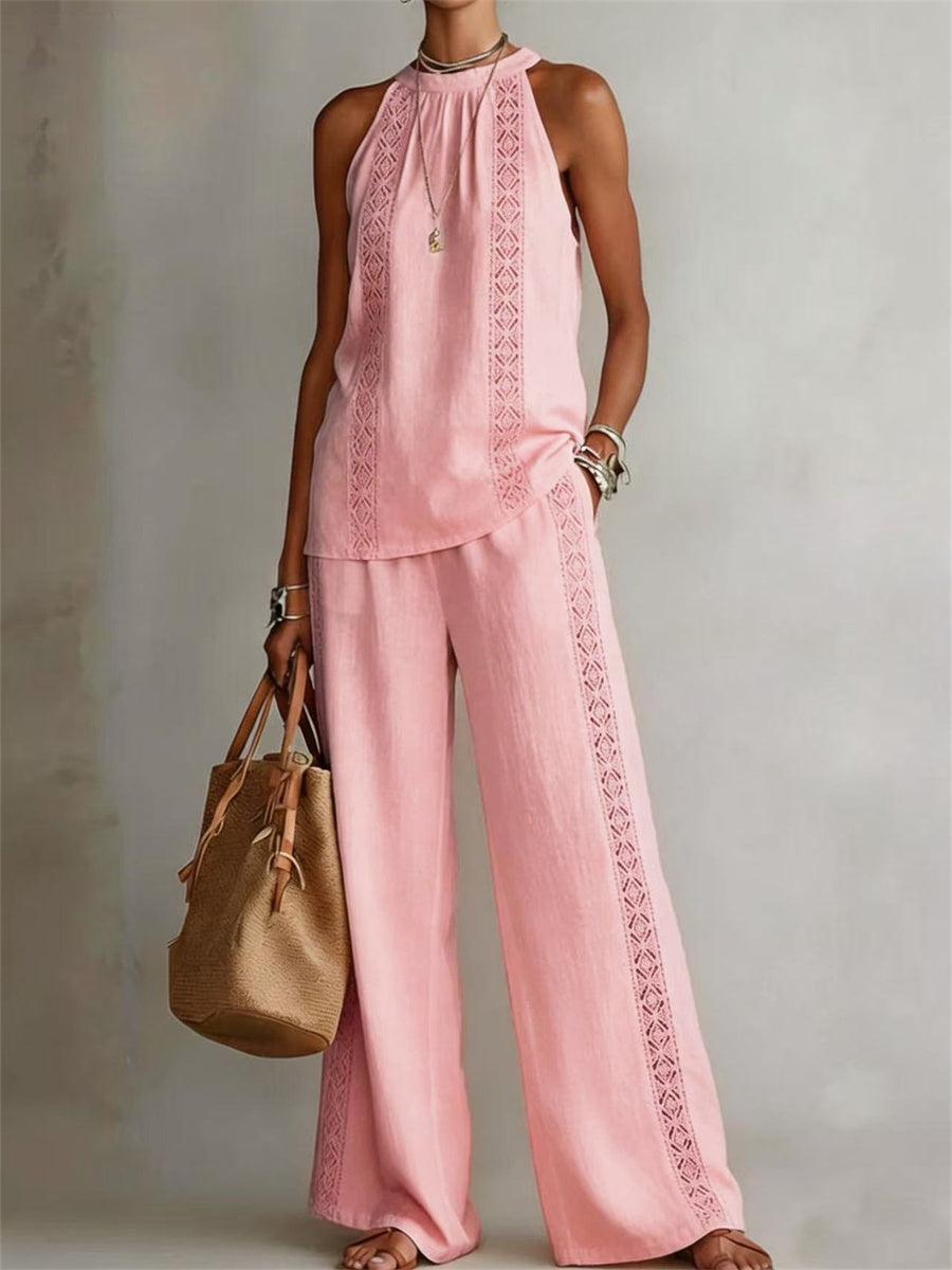 Women's Hollow Lace Sleeveless Top & Wide Leg Pants Casual Set