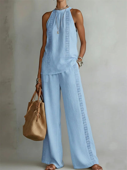 Women's Hollow Lace Sleeveless Top & Wide Leg Pants Casual Set