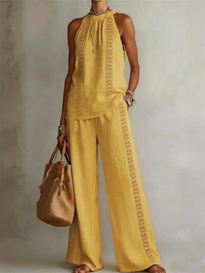 Women's Hollow Lace Sleeveless Top & Wide Leg Pants Casual Set