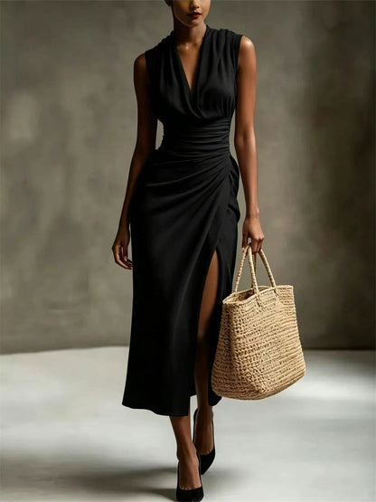 Women's Classy Cowl Neck Side Slit Maxi Linen Dress