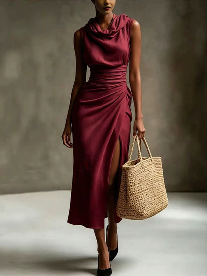 Women's Classy Cowl Neck Side Slit Maxi Linen Dress