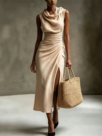 Women's Classy Cowl Neck Side Slit Maxi Linen Dress