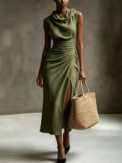 Women's Classy Cowl Neck Side Slit Maxi Linen Dress