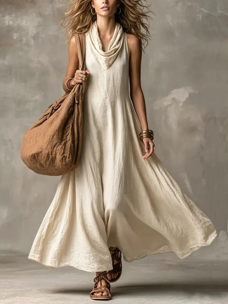 Women's Simple Cowl Neck Flowy Wide Skirted Maxi Dress