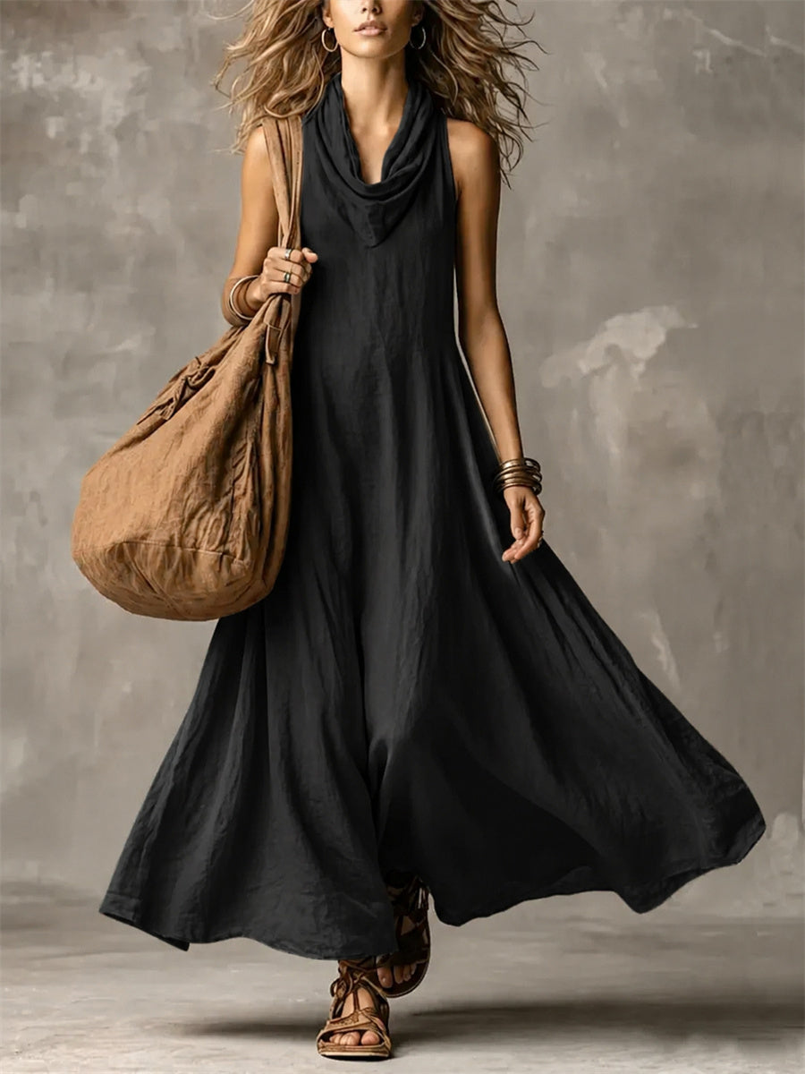 Women's Simple Cowl Neck Flowy Wide Skirted Maxi Dress