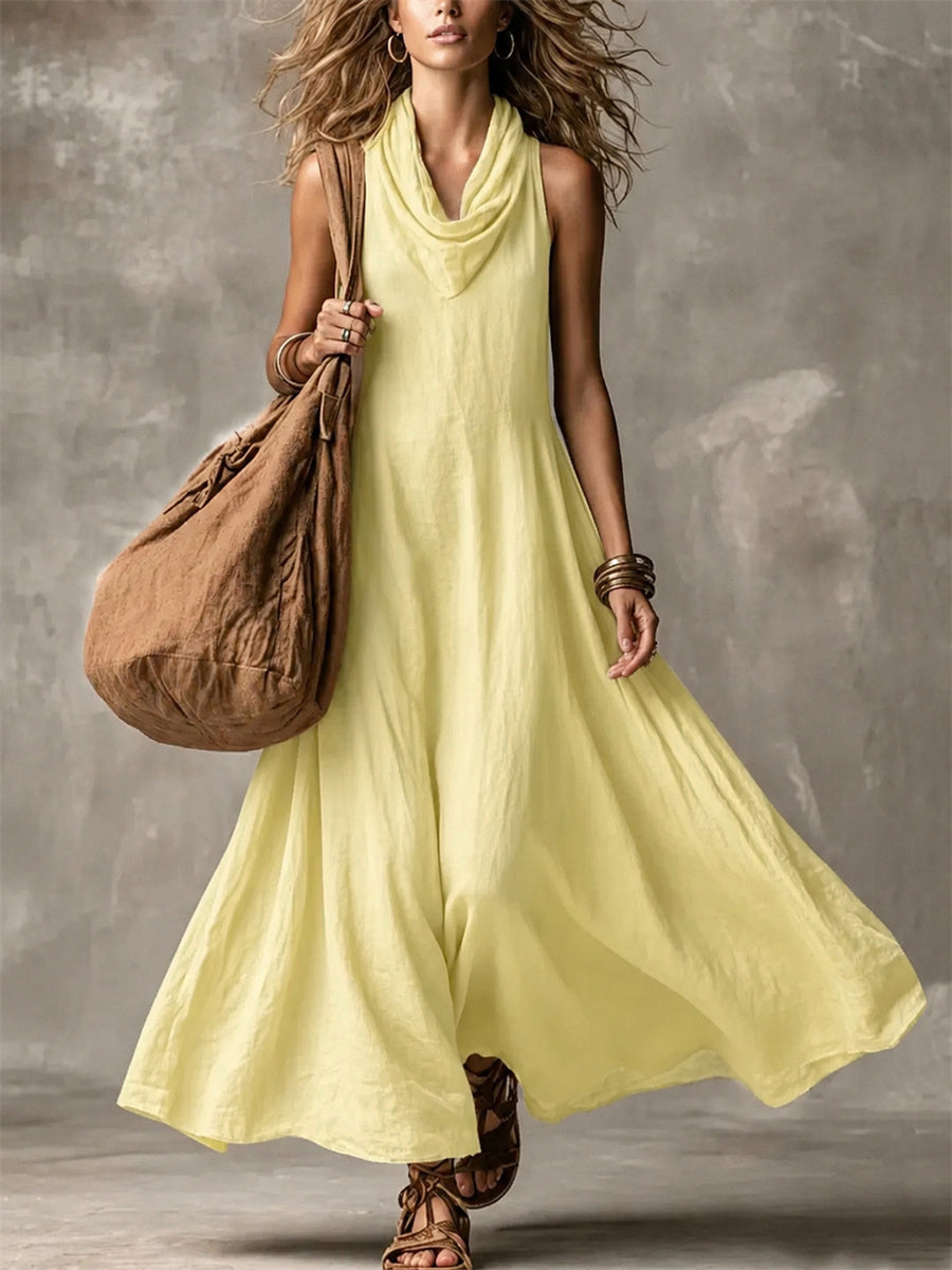 Women's Simple Cowl Neck Flowy Wide Skirted Maxi Dress