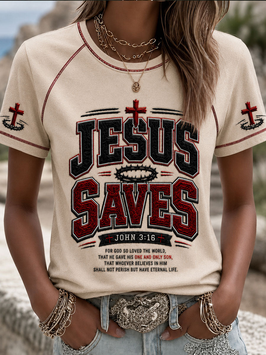 Women's Christian JESUS SAVES Cross Round Neck Short Sleeve T-shirt