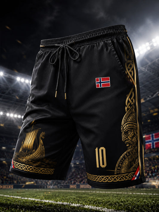 Men's Viking And Football-Themed Print Athletic Shorts