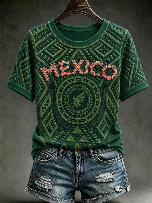 Women's Mexico Football Lover Art O-neck Short Sleeve T-shirt