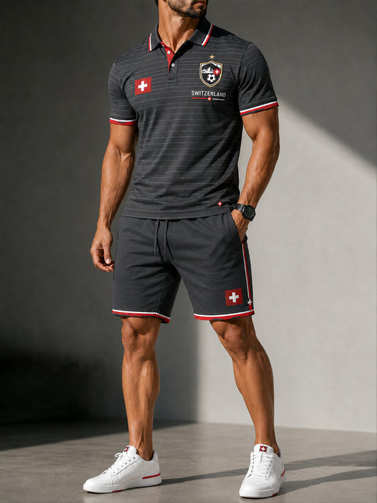 Men's Short-Sleeve Polo Shirt And Shorts Set With Soccer-Themed Print