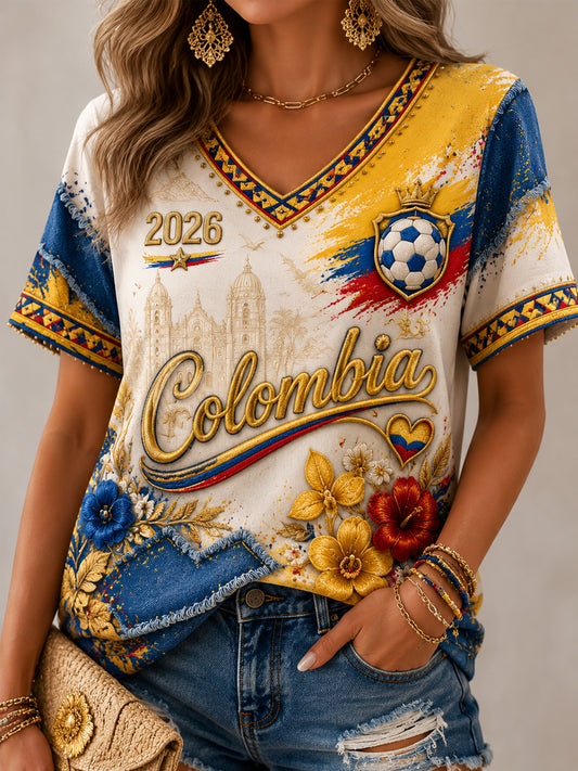 Women's 2026 Colombia Soccer Art Casual V-Neck T-Shirt