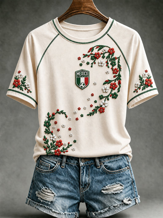 Women's Mexico Football Lover Art O-neck Short Sleeve T-shirt