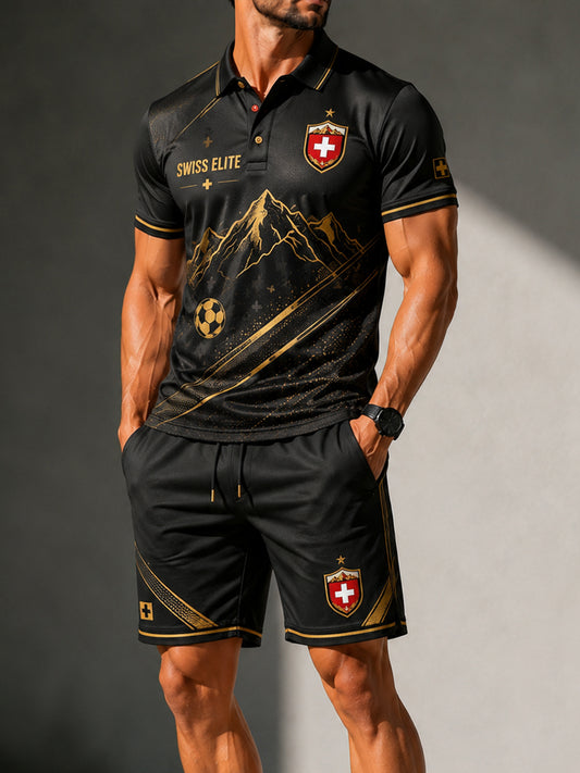 Men's Short-Sleeve Polo Shirt And Shorts Set With Soccer-Themed Print