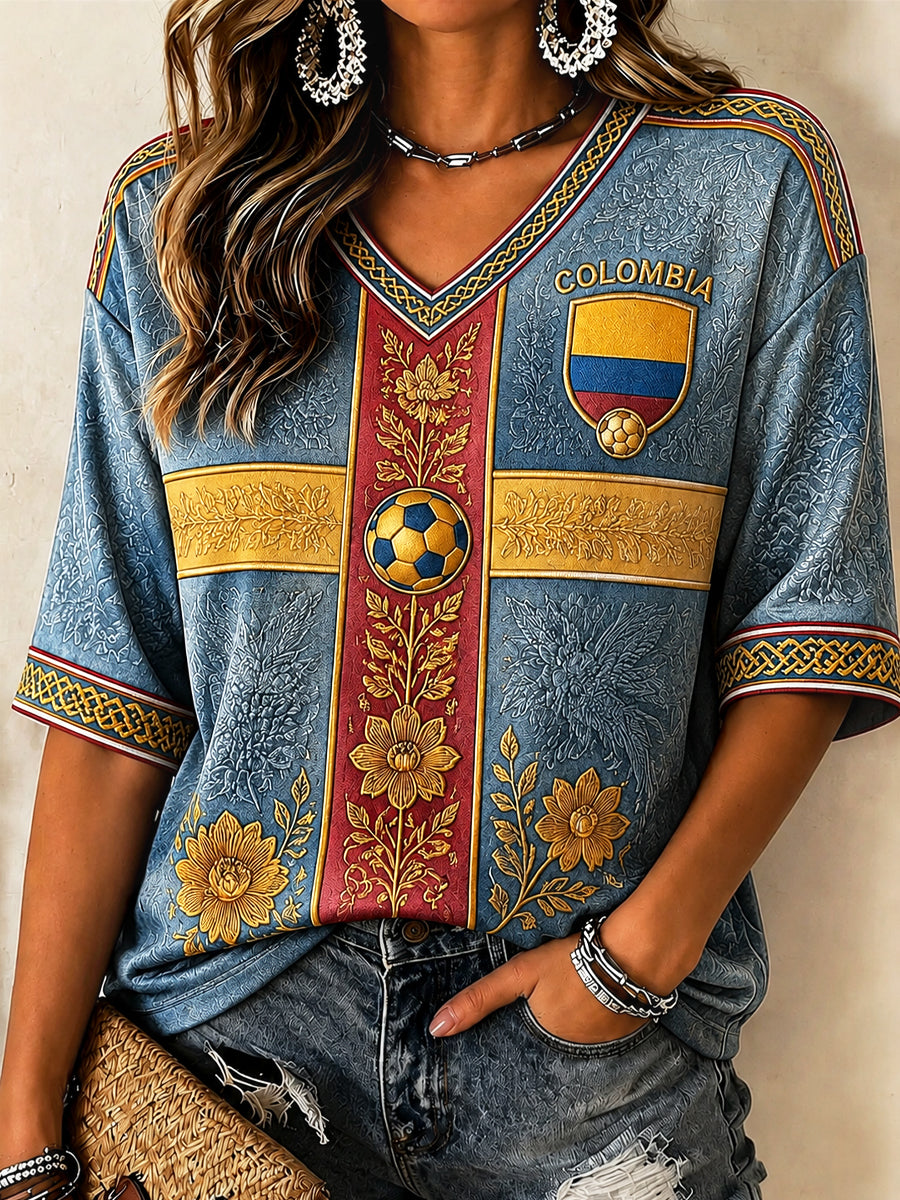 Women's Retro 2026 Colombia Soccer Casual V-Neck T-Shirt