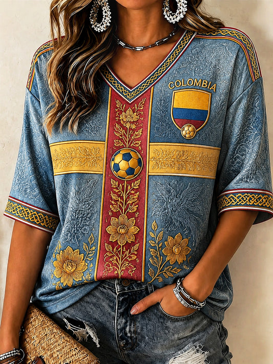 Women's Retro 2026 Colombia Soccer Casual V-Neck T-Shirt
