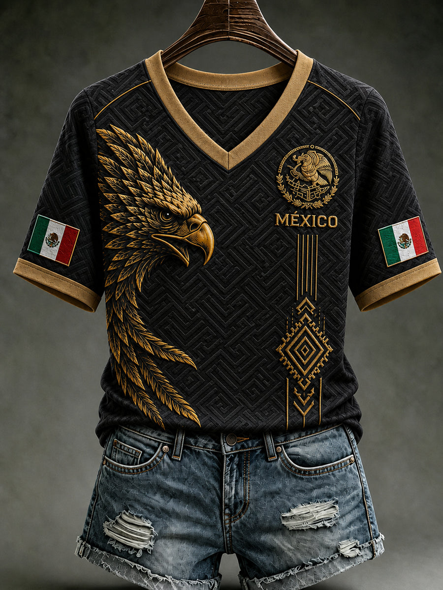 Women's Mexico Football Lover Art V-neck Short Sleeve T-shirt