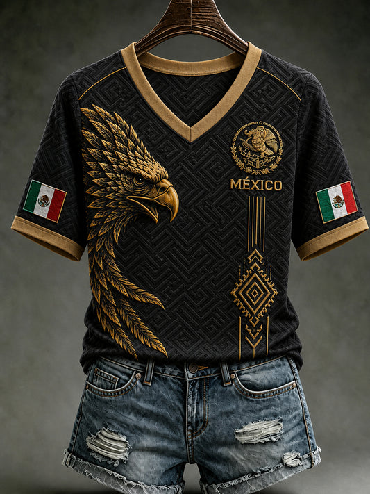Women's Mexico Football Lover Art V-neck Short Sleeve T-shirt