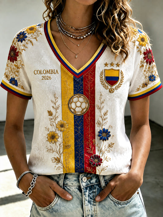 Women's 2026 Colombia Soccer Floral Casual V-Neck T-Shirt