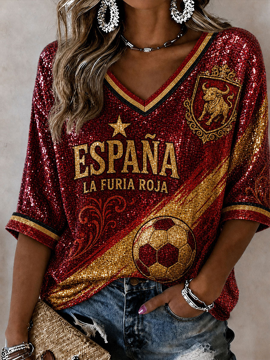 Women's Spain Football Mid-length Sleeves V-Neck T-Shirt