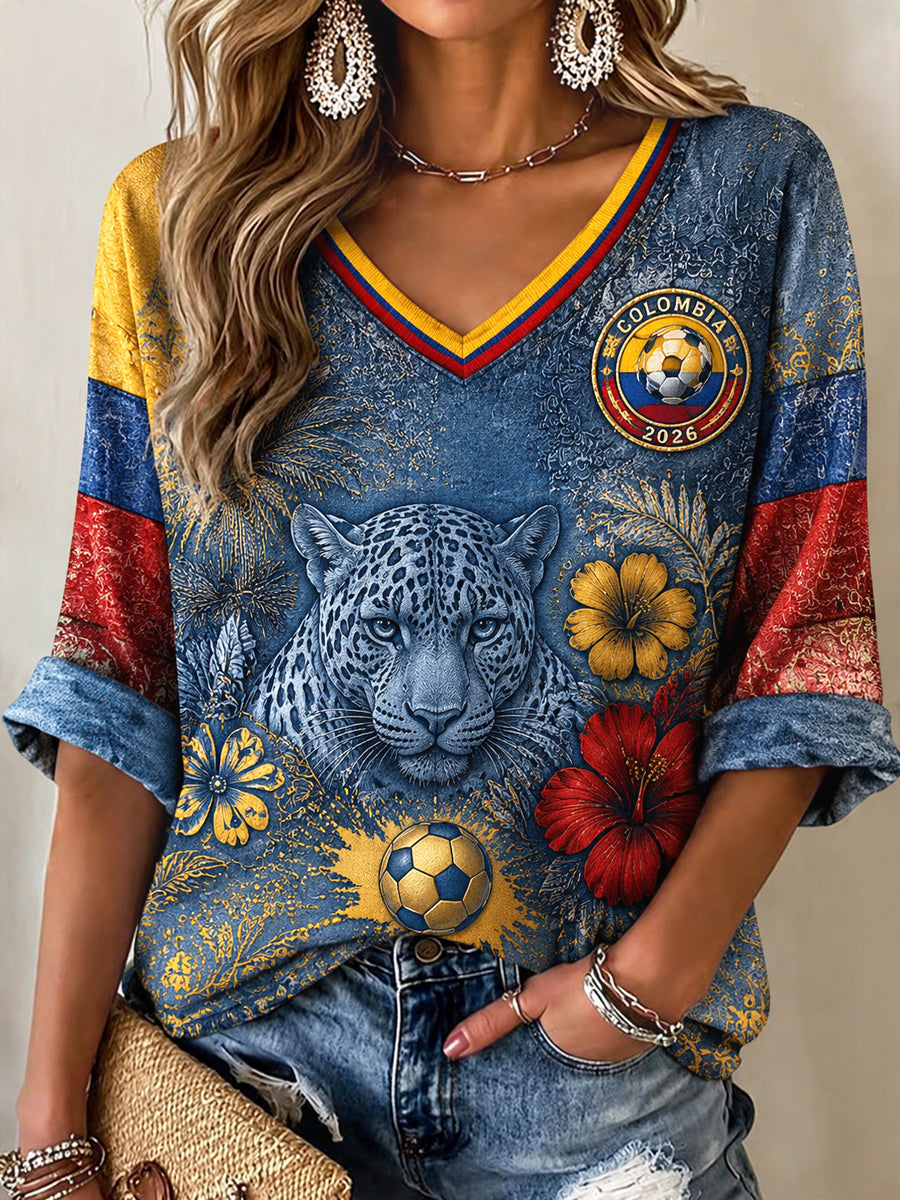 Women's 2026 Colombia Soccer Casual V-Neck T-Shirt