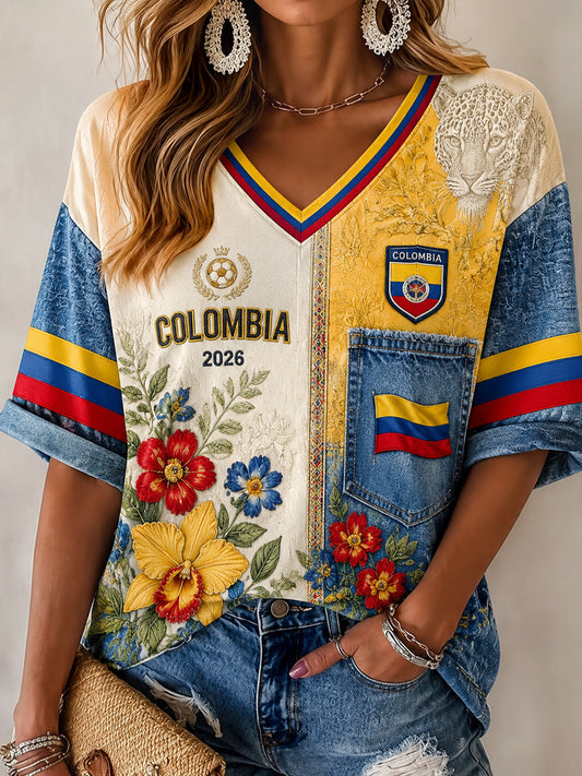 Women's 2026 Colombia Soccer Patchwork Casual V-Neck T-Shirt