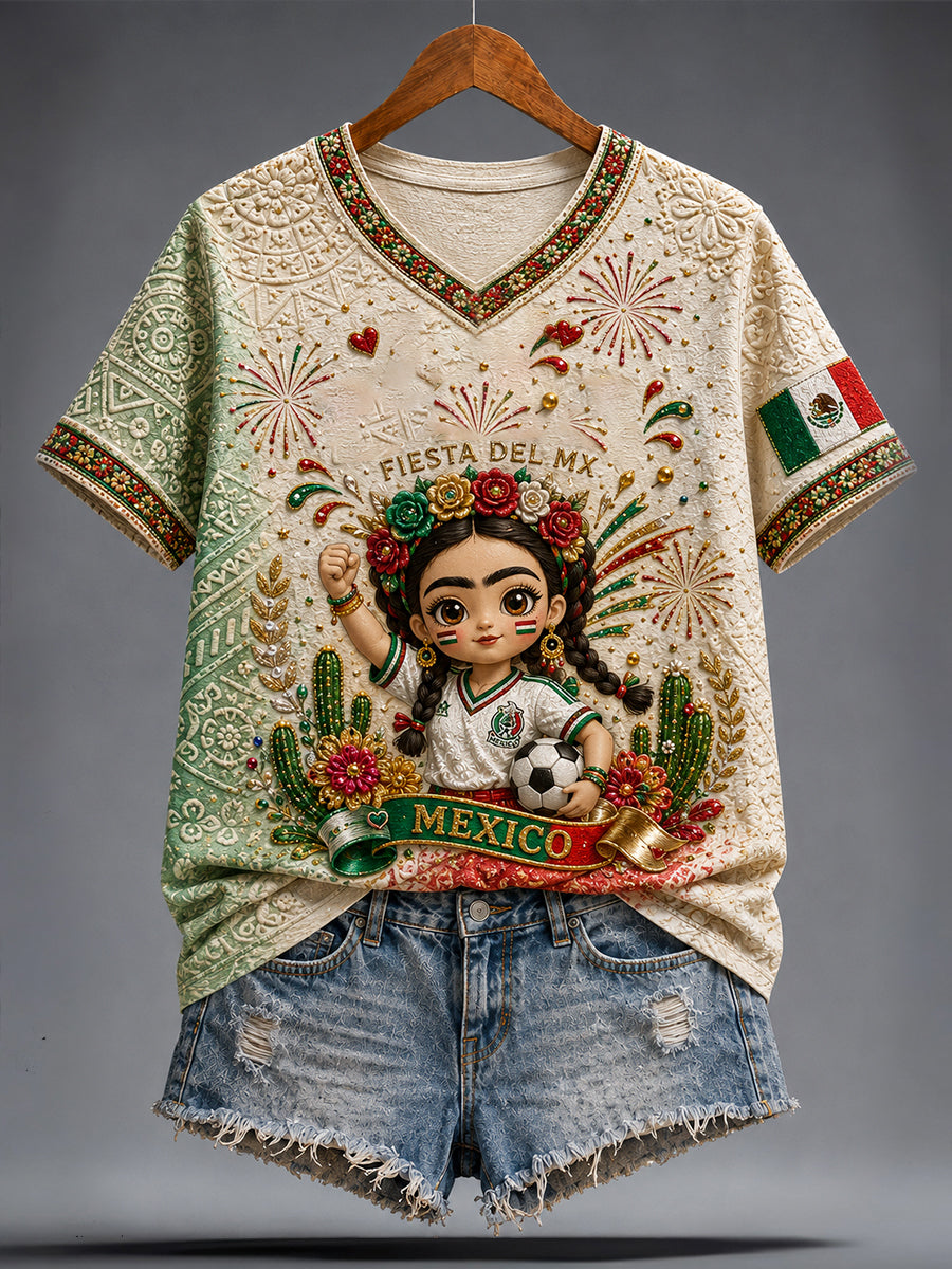 Women's Mexico Football Lover Lele Doll Art Printed T-shirt